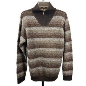 Pure 100% Alpaca Men's Size Medium Brown Tan Stripe Knit 1/4 Zip Sweater Peru